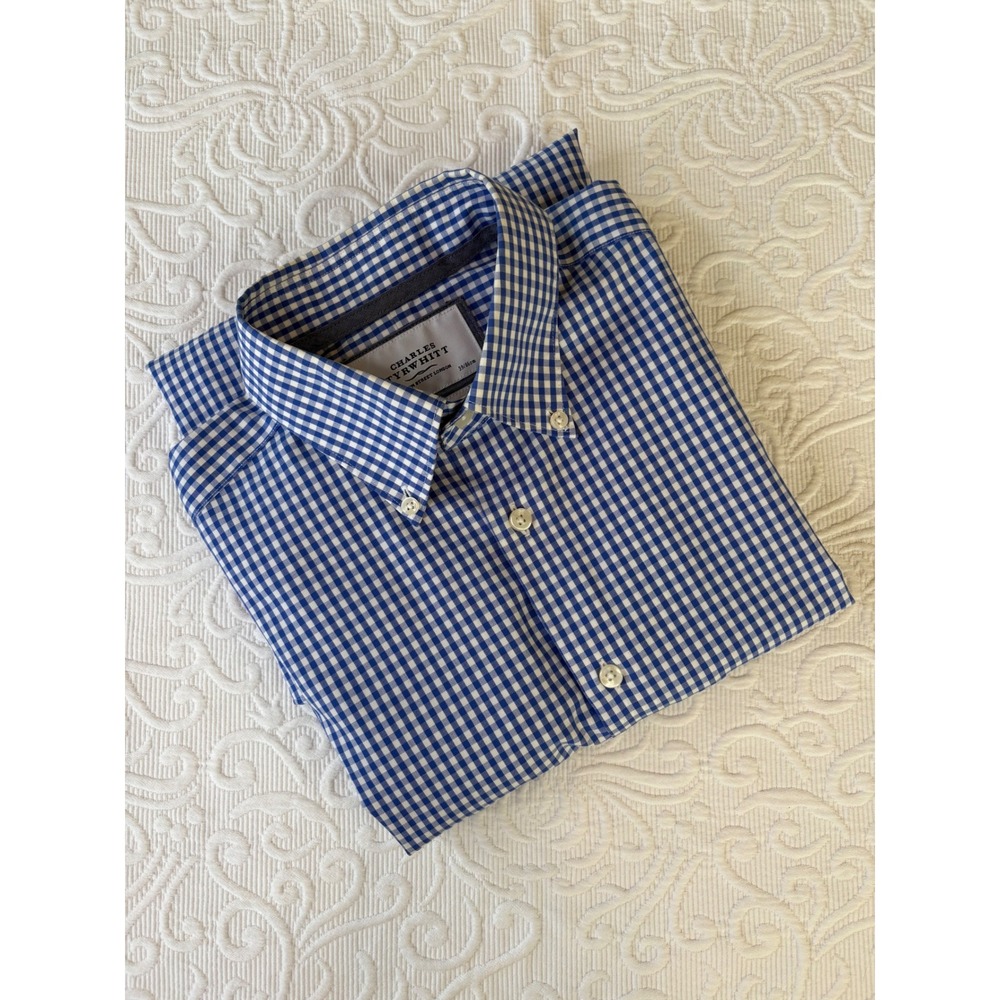 Charles Tyrwhitt Non‎ Iron Classic Fit Shirt Blue White Gingham 15.5 34 Mens